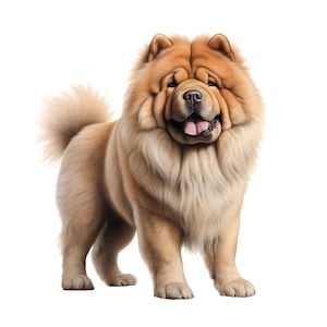 Könnte beinhalten: Illustration eines Chow Chow-Hundes mit dickem, hellbraunem Fell. Der Hund hat eine breite Schnauze und eine rosa Zunge und steht vor einem weißen Hintergrund. Das Fell des Hundes ist sehr flauschig.