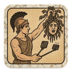 Adesivo di Perseo con selfie stick davanti a Medusa. Divertente adesivo a fumetti per gli amanti del mito, i re dei selfie e gli appassionati di storia greca.