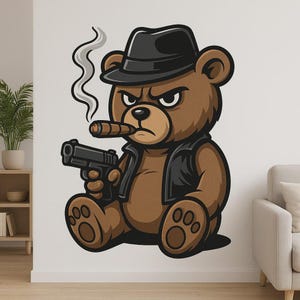 Sticker mural ours en peluche gangster – Dessin humoristique de style urbain pour chambre d'enfant, chambre d'adolescent ou décoration de mobil-home pour les fans de hip-hop et de bandes dessinées