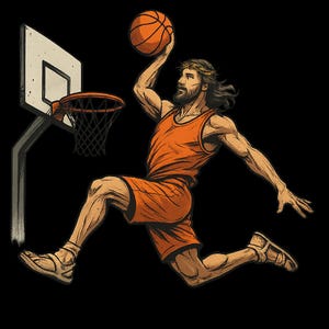 May include: A digital illustration of a person wearing an orange basketball jersey and a crown of thorns, dunking a basketball into a hoop. The background is black.