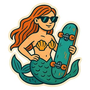 スケートボードとサングラスをかけたマーメイド – 面白い漫画ステッカー – 耐候性 – ファンタジー、スケート、ユーモアファンへのギフト
