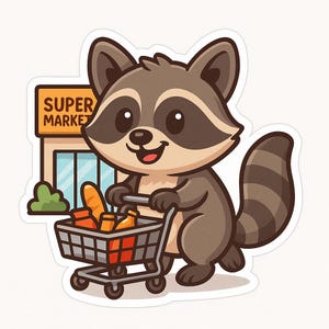 ショッピングカート付きアライグマのステッカー - 面白い車のステッカー - 耐候性があり、日常使用に最適 - 動物ファンや買い物好きの方へのギフト