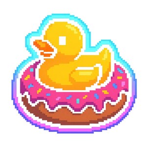 アヒルの子のための救命浮輪としてのドーナツ – かわいい漫画ステッカー – 耐候性 – 動物、グルメ、ユーモア好きへのギフト