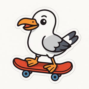 Pegatina de gaviota con patineta – Divertida pegatina para coche – Resistente a la intemperie, genial – Regalo para patinadores, amantes de la costa y amantes de las aves
