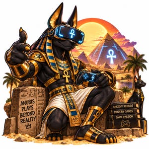 Op de afbeelding: Een antropomorfe Anubis-figuur met een VR-headset en gouden harnas, die een gamecontroller vasthoudt. De figuur zit op een stenen blok met de inscriptie ANUBIS PLAYS BEYOND REALITY. Ernaast liggen boeken met de tekst ANCIENT WORLDS, MODERN GAMES, SAME PASSION.