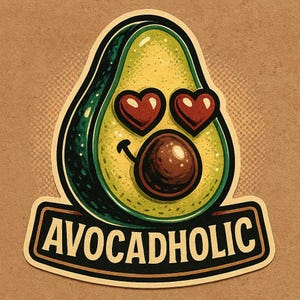 Avocadholic – ハートの目と文字が入ったアボカド – かわいい漫画ステッカー – 耐候性 – グルメ、ビーガンユーモアファンへのギフト