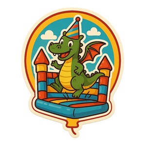 Adesivi a forma di drago su castello gonfiabile con cappello da festa, adesivi a forma di fumetto per bambini fantasy, amici di compleanno e appassionati di divertimento volante