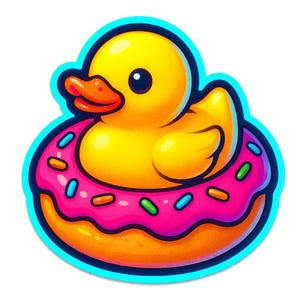 アヒルの子のための救命浮輪としてのドーナツ – かわいい漫画ステッカー – 耐候性 – 動物、グルメ、ユーモア好きへのギフト