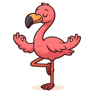 以下が含まれることがあります： ヨガのポーズをとるピンクのフラミンゴの漫画イラスト。 フラミンゴは片足で立ち、目を閉じ、瞑想のジェスチャーで腕を広げています。 フラミンゴは、黄色の先端が付いた黒いくちばしを持っています。