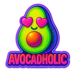 Avocadholic – ハートの目と文字が入ったアボカド – かわいい漫画ステッカー – 耐候性 – グルメ、ビーガンユーモアファンへのギフト