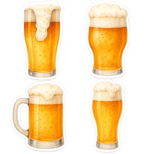 Op de afbeelding: Waterverfillustratie van vier verschillende bierglazen, elk gevuld met goudkleurig bier en bedekt met een dikke, witte schuimkraag. De glazen variëren in vorm, waaronder een pintglas en een bierpul.
