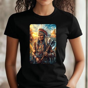 Native American Chief with Axe Women's T-Shirt Cotton High-Quality Printed Casual Shirt with Unique Design in Many Sizes S to 3XL