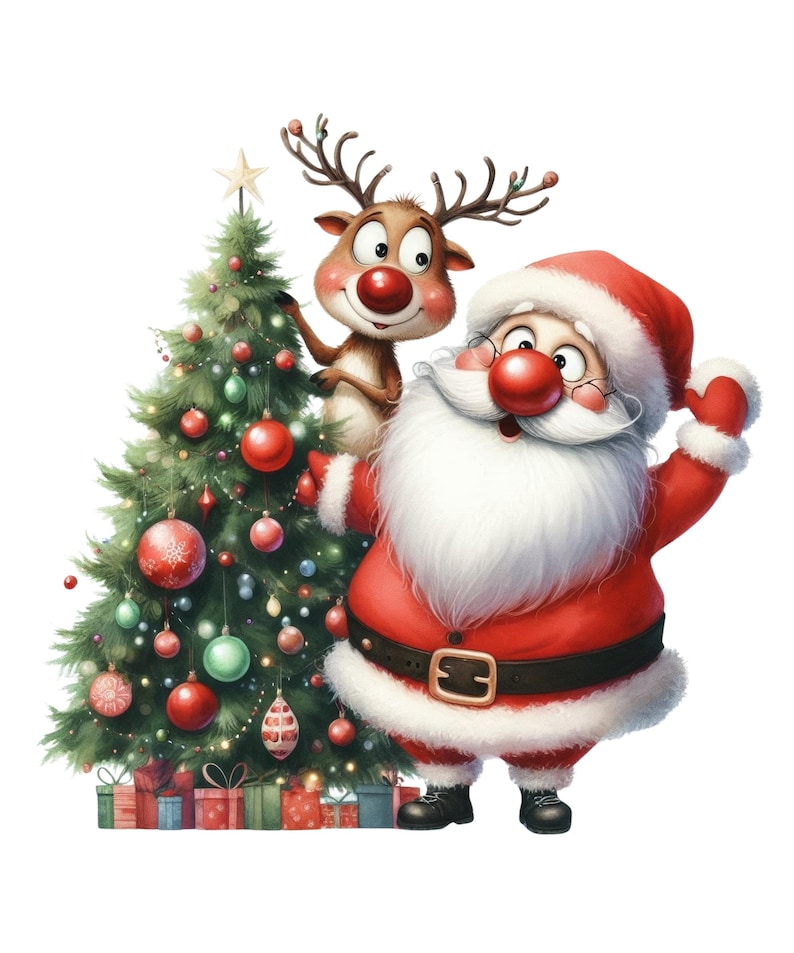Könnte beinhalten: Festliche Illustration von Santa Claus und einem Rentier neben einem geschmückten Weihnachtsbaum. Santa, in rotem Anzug und Hut, hat einen weißen Bart und eine rote Nase. Das Rentier hat ein Geweih und eine rote Nase. Der Baum ist mit Kugeln und Geschenken geschmückt.