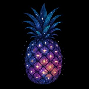 Può includere: Un ananas viola e blu con un motivo a galassia e stelle bianche. L'ananas è su uno sfondo nero.