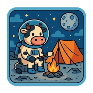 Vaca astronauta en un viaje de campamento lunar – Pegatina divertida de dibujos animados – Resistente a la intemperie – Regalo para amantes del espacio, los animales y el humor