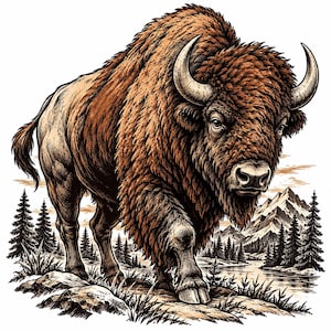 Könnte beinhalten: Eine detaillierte Illustration eines großen braunen Bisons mit geschwungenen Hörnern, das in einer Landschaft mit immergrünen Bäumen, einem ruhigen Gewässer und schneebedeckten Bergen im Hintergrund steht, im Skizzenstil.