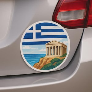 Adesivo con bandiera greca con tempio e vista mare per camper, laptop, auto, regalo per tifosi e viaggiatori dell'Hellas