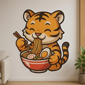 Adhesivo de pared de tigre bebé comiendo ramen: bonito motivo animal de inspiración asiática para la cocina, la habitación de los niños o como regalo para una autocaravana.