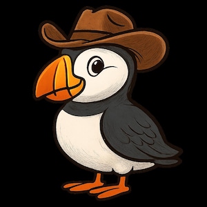 Adesivo per esterni "Puffin con cappello da cowboy", in vinile resistente ai raggi UV, realizzato con pellicola di alta qualità di Orafol.