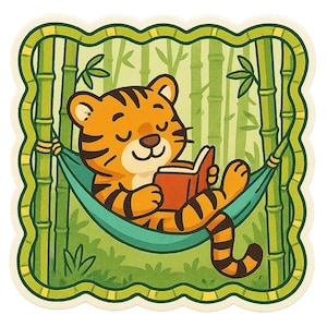 Adesivo tigre con libro su amaca Divertente adesivo fumetto tigre che legge per gli amanti dei libri angoli di lettura e fan dei gatti selvatici