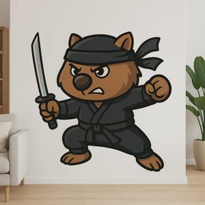 Ninja Wombat Cartoon Wall Sticker Funny Animal Decal in Comic Style for Wall Motorhome Laptop Gift for Kids Animal Fans Humor Lovers