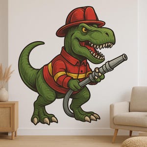 Adhesivo de pared de bombero T-Rex Divertido motivo de dinosaurio con casco y manguera para habitación infantil, sala de juegos o decoración de autocaravanas Fans de los dinosaurios bomberos