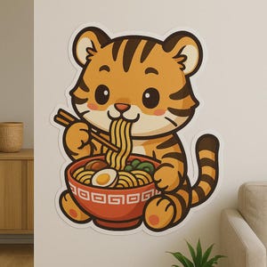 Adhesivo de pared de tigre bebé comiendo ramen: bonito motivo animal de inspiración asiática para la cocina, la habitación de los niños o como regalo para una autocaravana.