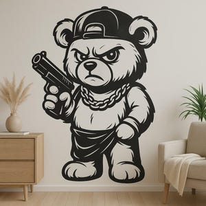 Adhesivo de pared de osito de peluche gánster: divertido dibujo animado de estilo urbano para habitaciones infantiles, juveniles o decoración de casas móviles para fans del hip-hop y los cómics.