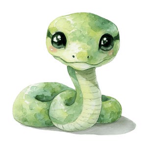 Op de afbeelding: Waterverfillustratie van een schattige groene slang met grote, zwarte ogen en een lieve uitdrukking. De slang is afgebeeld in een opgerolde pose, met een lichtgroen en wit kleurenschema. Het kunstwerk heeft een zachte, grillige stijl.