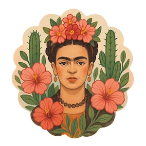 Adesivi floreali di Frida Kahlo | Adesivo di arte botanica | Composizione floreale con ibisco e cactus | Idea regalo per artisti