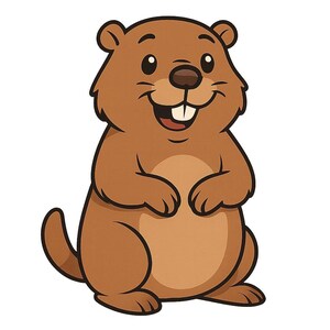 May include: A cartoon illustration of a groundhog with brown fur, a smiling face, and two large front teeth. The groundhog is in a sitting position with its paws in front. The background is white.