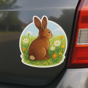 キャンピングカー、ノートパソコン、または車用の、花の草原にいるウサギのステッカー。優しい動物モチーフはガーデニング好きの方やお子様へのプレゼントに。