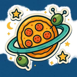 オリーブの衛星付きピザプラネット - 面白い漫画ステッカー - 耐候性 - グルメ、宇宙、ユーモアファンへのギフト