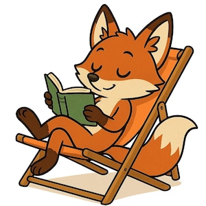 May include: Cartoon illustration of a fox relaxing in a beach chair and reading a book. The fox is orange and white with closed eyes, and the book is green. The chair is orange and brown, suggesting a leisure theme.