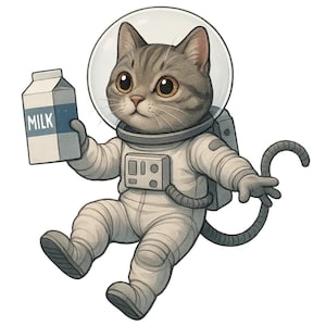 Könnte beinhalten: Illustration einer grauen getigerten Katze in einem weißen Raumanzug und Helm, die einen Milchkarton hält. Der Karton ist weiß mit einem blauen Feld und dem Wort "MILK". Die Katze hat große braune Augen und schwebt im Weltraum.