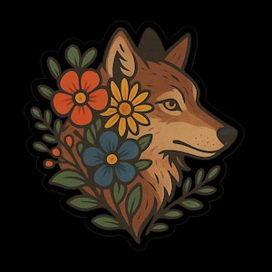Niedlicher Wolf Sticker mit Blumenkranz – süßer Tieraufkleber Naturmotiv Wolf mit Blumen, niedliches Waldtier Laptop Aufkleber Geschenkidee