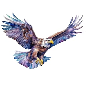 Può includere: Un dipinto ad acquerello di un'aquila calva in volo con le ali spiegate. Le penne dell'aquila sono dipinte in tonalità di viola, blu e marrone. La testa dell'aquila è girata di lato e il suo becco giallo è aperto.