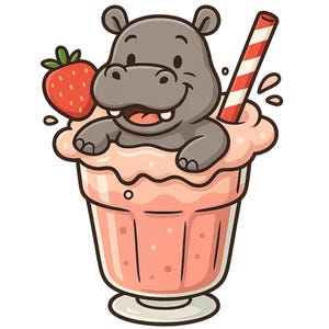 May include: A cartoon illustration of a grey hippo in a pink milkshake. A red and white striped straw and a red strawberry are also in the milkshake. The milkshake is in a clear glass with a footed base.