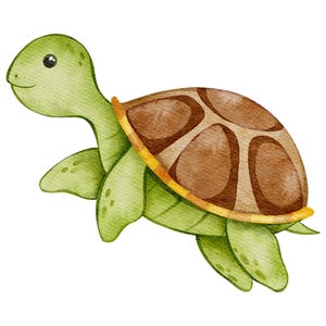 Könnte beinhalten: Aquarell-Illustration einer grünen Schildkröte mit braunem Panzer. Die Schildkröte hat ein lächelndes Gesicht und wird im Profil dargestellt. Der Panzer hat ein Muster aus braunen Formen, die mit einem helleren Braun umrandet sind.