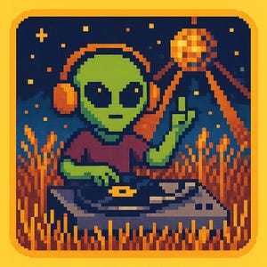 コーンフィールドディスコでレコードプレーヤーを持つエイリアンDJ - 面白い漫画ステッカー - 耐候性 - SF、パーティー、ユーモアファンへのギフト