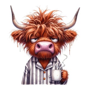Puede incluir: Ilustración de dibujos animados de una vaca de las Tierras Altas con expresión de mal humor, vestida con pijama a rayas y sosteniendo una taza humeante. La vaca tiene pelaje rojizo-marrón y lanudo, cuernos grandes y una nariz rosada.
