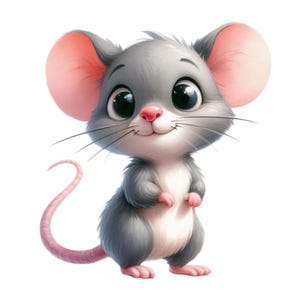 Puede incluir: Ilustración de dibujos animados de un ratón gris con grandes ojos negros expresivos, orejas rosas y una nariz rosa. El ratón tiene una larga cola rosa y está de pie. El ratón está sonriendo, dándole una apariencia amigable.