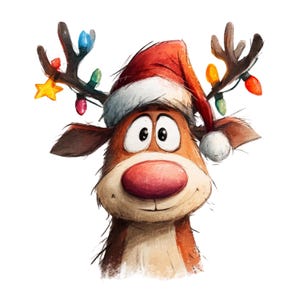 Puede incluir: Ilustración de dibujos animados de un reno con un gorro de Papá Noel y luces de cadena en sus cuernos. El reno tiene una gran nariz roja, ojos grandes y una expresión sonriente. Las astas están adornadas con una estrella y luces de colores.