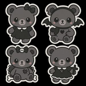 Set di adesivi con orsetto gotico carino con orsetto nero, orso della cripta, peluche di Halloween e decorazione del cimitero - Perfetto per laptop