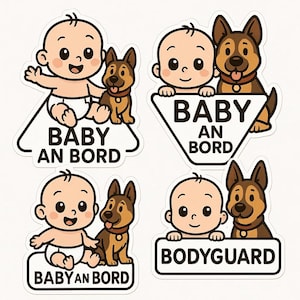 Sticker Set Baby on Board Sticker with Dog – Cute Car Sticker with Baby and Bodyguard – Cartoon Design, Weatherproof