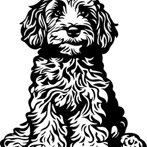 Op de afbeelding: Een zwart-wit illustratie van een zittende hond met een pluizige vacht. De vacht van de hond is gestileerd met ingewikkelde, wervelende patronen, waardoor een textuur ontstaat. De hond heeft een vriendelijke uitdrukking.