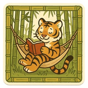 Adesivo tigre con libro su amaca Divertente adesivo fumetto tigre che legge per gli amanti dei libri angoli di lettura e fan dei gatti selvatici