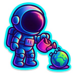 Astronauta con regadera regando la mini-tierra – Pegatina mágica de dibujos animados – Resistente a la intemperie – Regalo para amantes del espacio, el medio ambiente y el humor