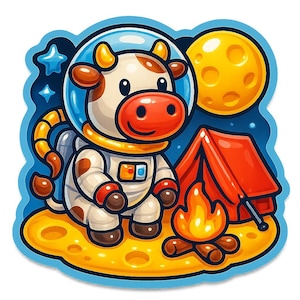 Vaca astronauta en un viaje de campamento lunar – Pegatina divertida de dibujos animados – Resistente a la intemperie – Regalo para amantes del espacio, los animales y el humor