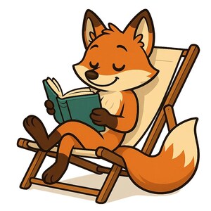May include: A cartoon illustration of a fox relaxing in a beach chair while reading a book. The fox is orange and white with brown accents. The book is teal, and the chair is wooden with a beige canvas seat.